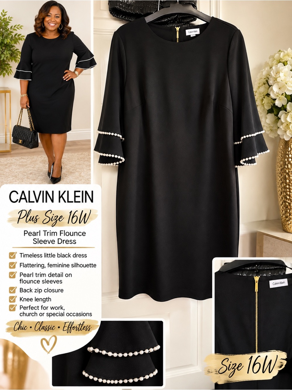Calvin Klein Black Midi Dress with Pearl-Trim Flounce Sleeves